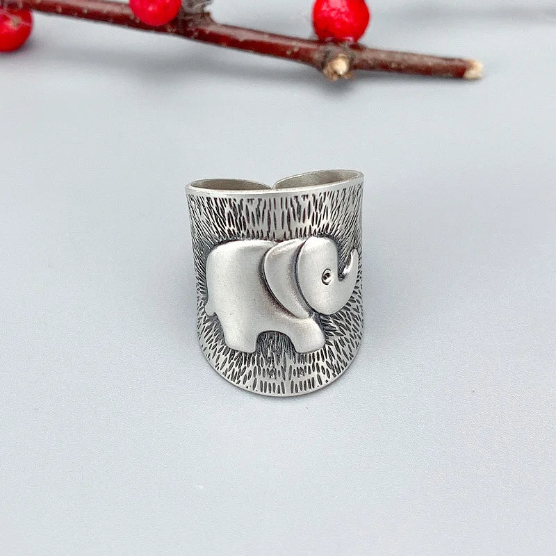 Retro Elephant Wide Ring For Women Men Silver Color Vintage Ethnic Style Open Ring Punk Gothic Accessories Designer Jewelry Gift