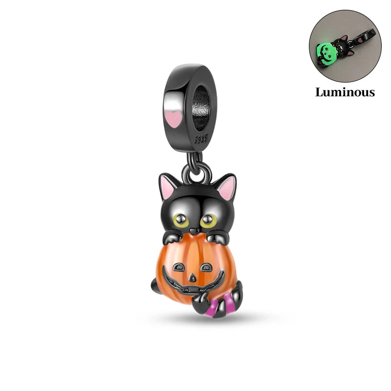 2024 New 925 Sterling Luminous Halloween Skull Witch Pumpkin Candy Charms Beads Fit 3mm Original Bracelets DIY Party Jewelry