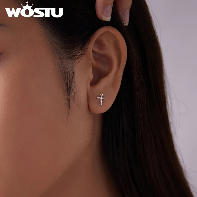 WOSTU Solid 925 Sterling Silver Simple Cross Stud Earrings For Women, Daily Wear Guard Ankh Egyptian Ear Studs Jewelry Gift