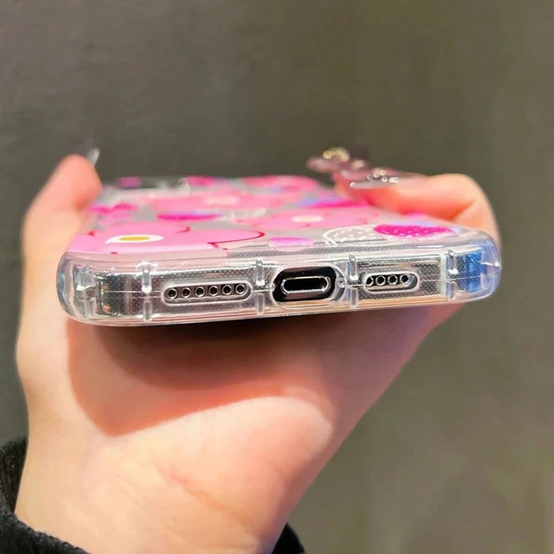 Pink Flower Strawberry Clear Phone Case For iPhone 14 13 11 12 15 16 17 Air Pro Max 16E SE2 7 8 Plus Airbag Shockproof Cover