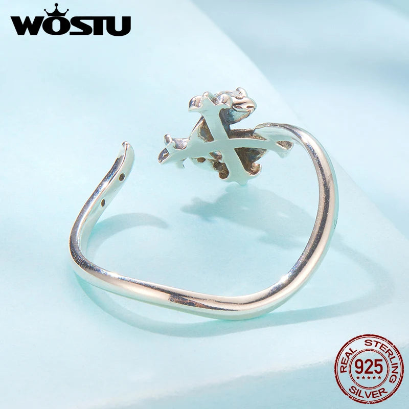 WOSTU 925 Sterling Silver Iris Snake Open Ring Oxidized CZ Flowers Cross Original Wisdom for Women Anniversary Fine Jewelry Gift