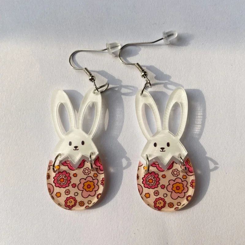 2025 Frühling FROHE OSTERN Hase Ohrringe für Frauen Niedliche Cartoon-Kaninchenohren Karotte Osterei Acryl Baumeln Ohrring Party