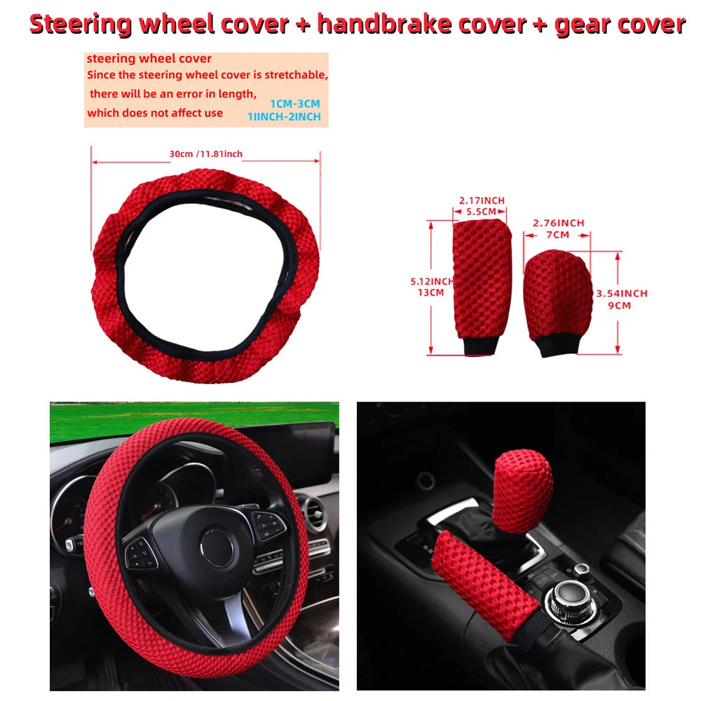 3-piece Massage Mesh Cloth Breathable Car without Inner Ring Steering Wheel Cover Handbrake Cover Handle Cover 14.5-15INCH - Madeinsea©