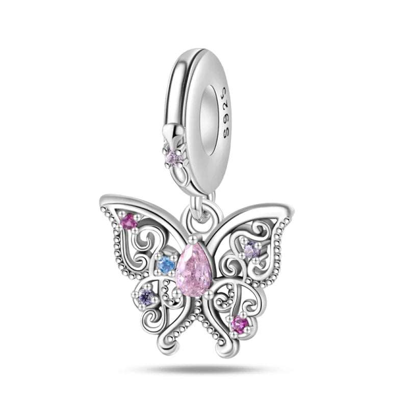 Classic 925 Sterling Silver Pink Retro Heart Shape Lotus Angel Butterfly Charms Beads Fit 3mm Original Bracelets DIY Jewelry