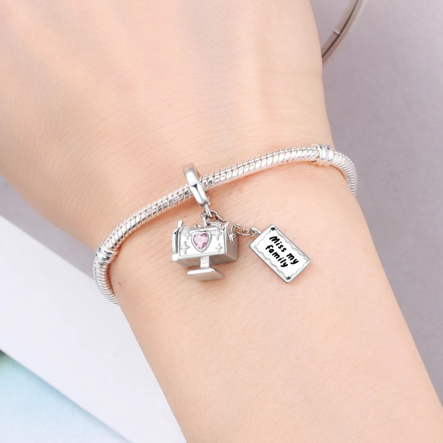 PANPOKI 925 Sterling Silver Pink Love Zircon Email Envelope Beads Original Pendants Bracelet Charm Jewelry Party DIY Gifts