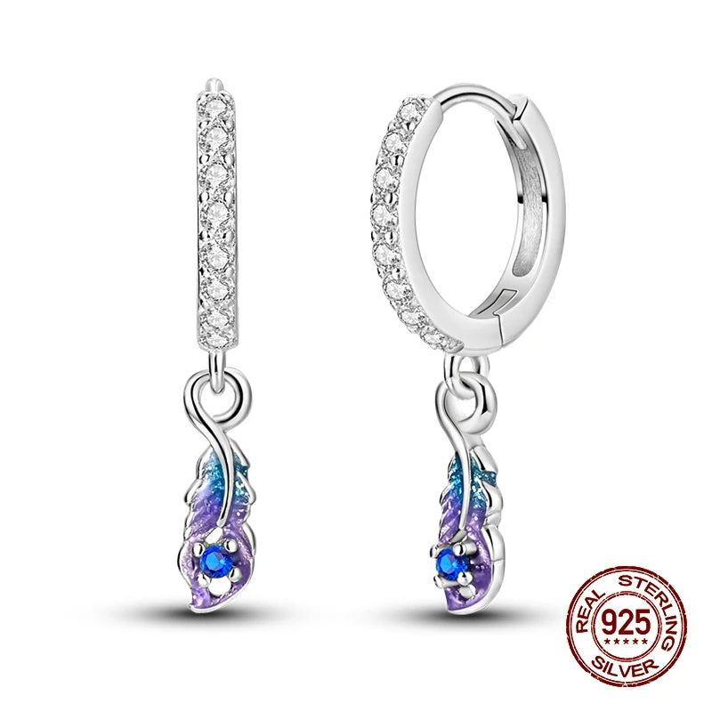 New Earring For Women Girls 100% 925 Sterling Silver Sparkling Zircon Stars Moon Feather Double Hoop Earrings Luxury Jewelry