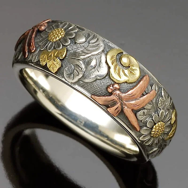 Vintage Silver and Rose Gold Color Carved Dragonfly Sunflower Ring Unique Metal Flower Rings Women Engagement Party Ring Jewelry