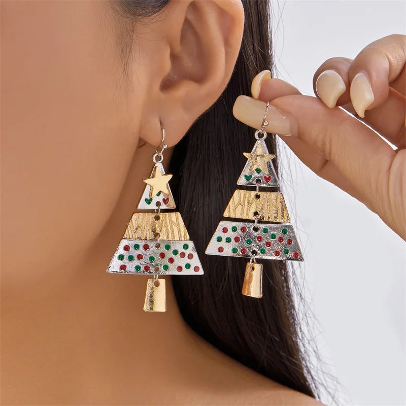 Vintage Metal Splicing Christmas Tree Long Drop Earrings for Women Hollow Xmas Tree Star Dangle Earring Party Punk Cool Jewelry