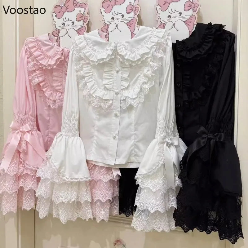 Japanese Sweet Lolita Style Blouses Women Cute Lace Peter Pan Collar Bow Flare Long Sleeve Gothic Shirts Female Kawaii Y2k Tops