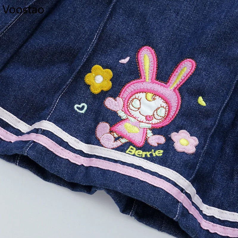 Kawaii-Jeansrock im japanischen Lolita-Stil für Damen mit süßer Cartoon-Hasenstickerei, kurze Röcke im koreanischen Y2K-Stil.