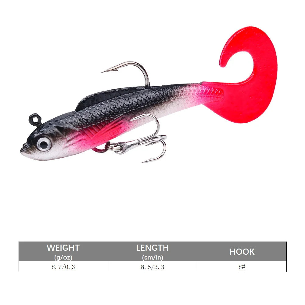 1pc Soft Bait Rubber Fishing Lure 75mm 85mm Artificial Sinking Swimbait Curly T Tail Jig Head Fishing Tackle Goods For Bass Pike