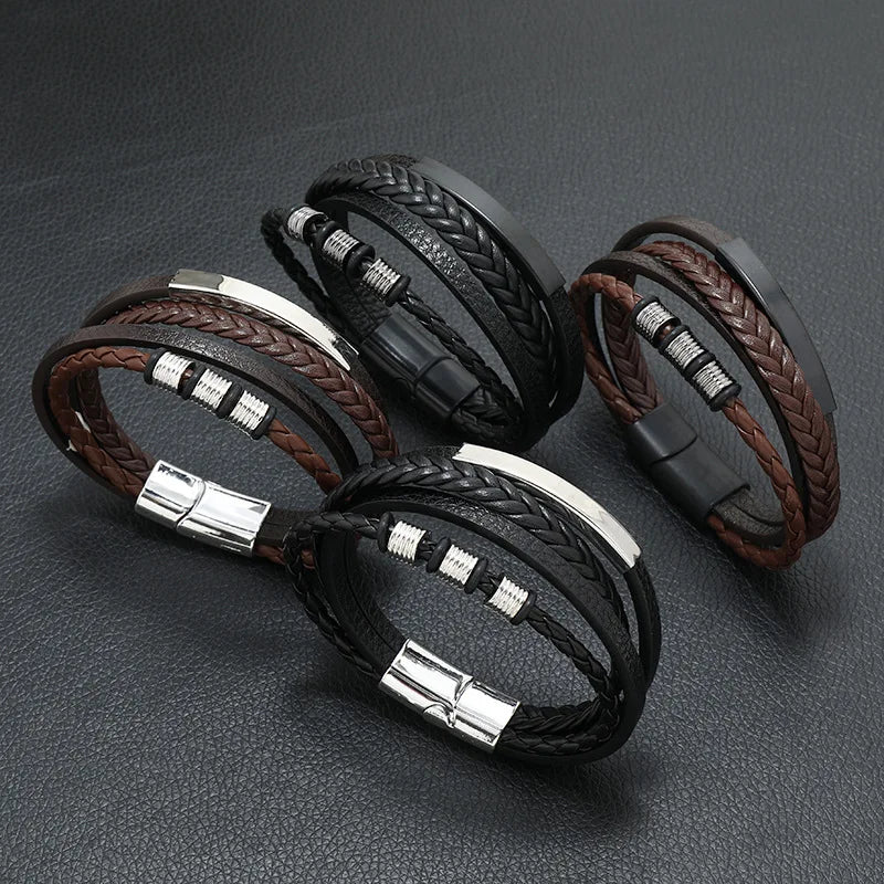Fashion Black Leather Bracelet For Men Charm Magnetic Braided Punk Rock Man Bracelet Cuff Bracelets Men Pulseira Masculina