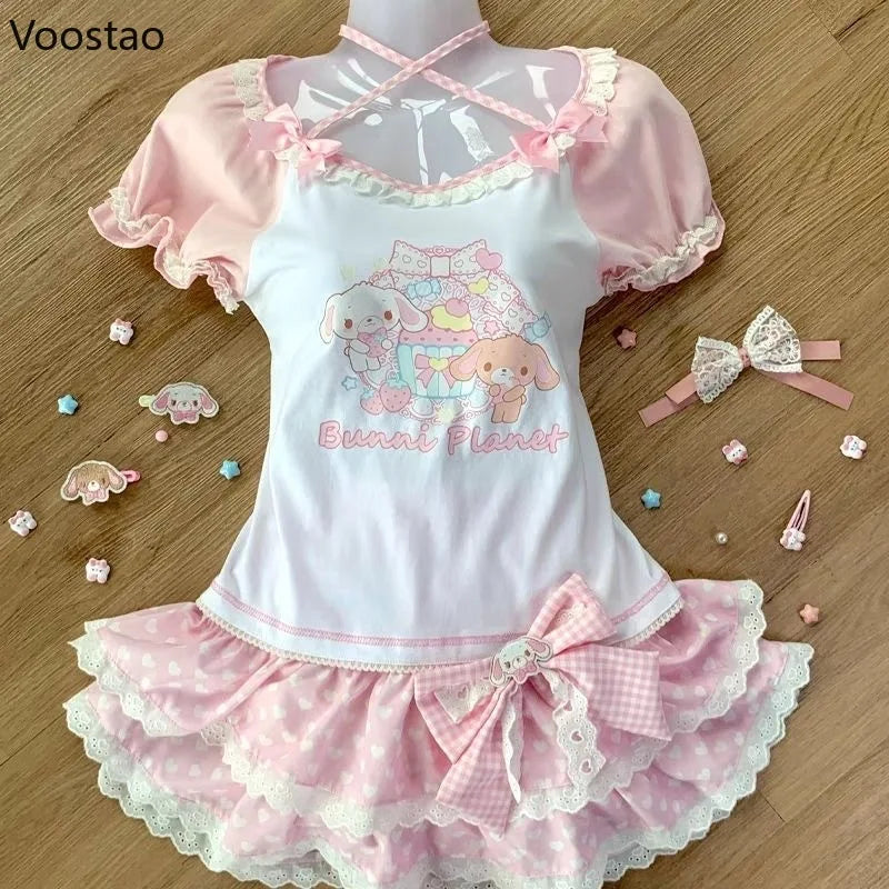 Kawaii Lolita Style 2 Piece Set Women Sweet Cute Cartoon Print T-Shirt Tops Bow Lace Ruffles Mini Cake Skirts Female Korean Suit