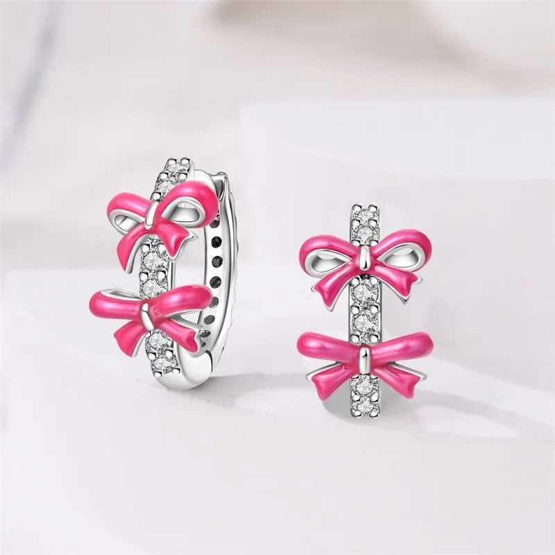 Sweet Bows Earrings 925 Silver Shining Heart Shaped Zircon Hoop Earrings For Women Engagement Birthday Proluxy Fine Jewelry Gift