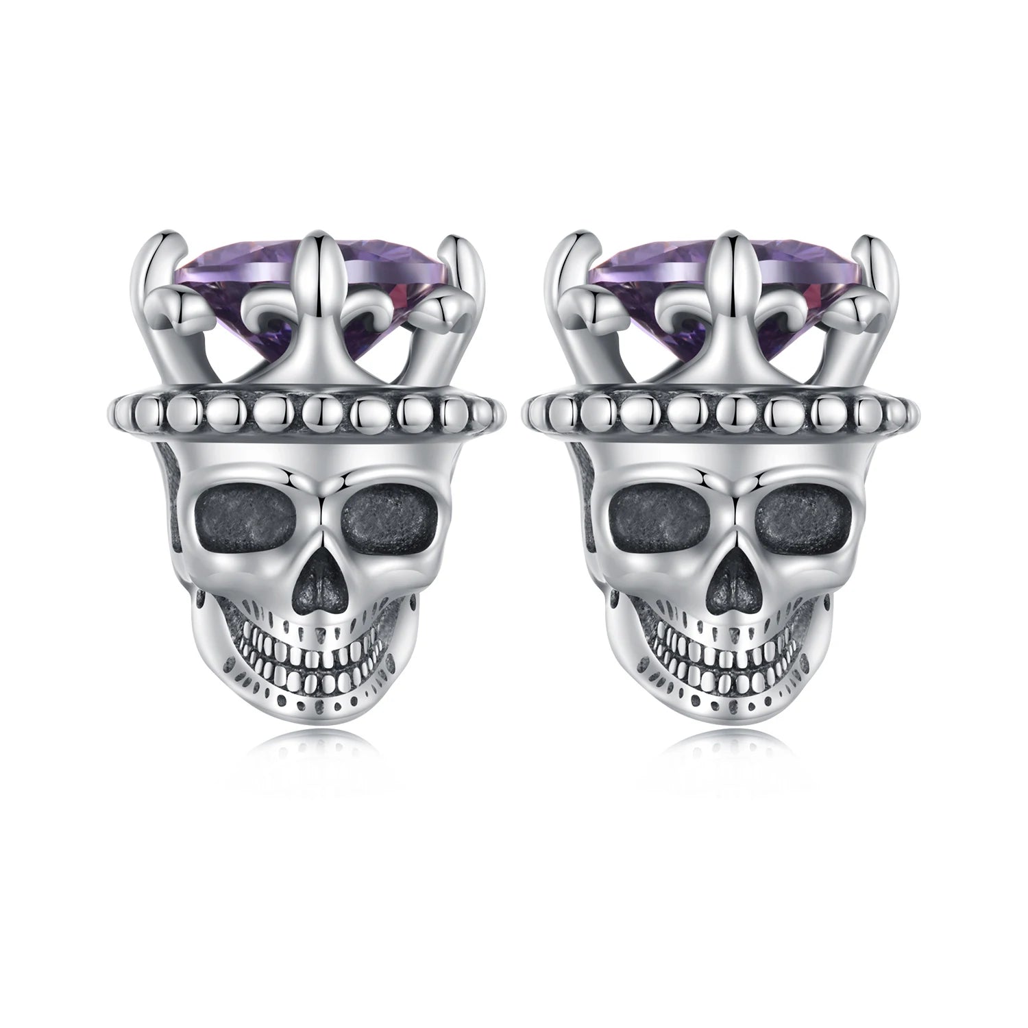WOSTU 925 Sterling Vintage Silver Punk Jewelry Skull Crown Stud Earrings Women Carved Purple Zircon Personalized Hip Hop Gift
