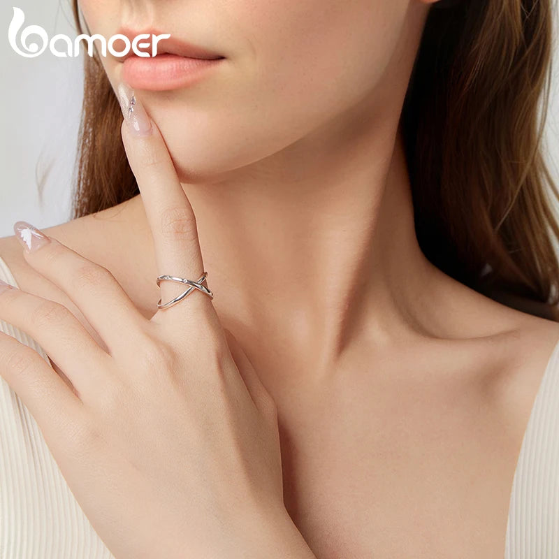 BAMOER Doppellagiger Kreuzring mit Pavé-Zirkonia-Fassung, ineinandergreifender Kreisring für Damen, 925er Sterlingsilber, Geschenkidee
