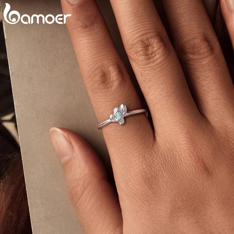 BAMOER 2025 Solid 925 Sterling Silver Cute Cactus Adjustable Rings Lovely Plant Open Ring Jewelry for Women Girls SCR1120-E