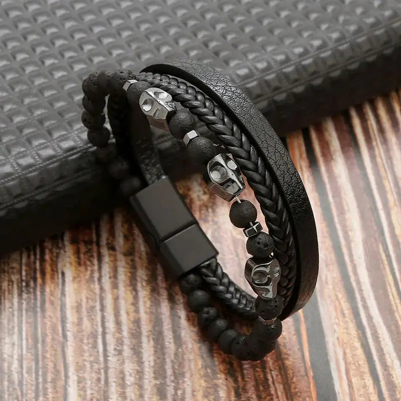 Jiayiqi New Design Punk Leather Bracelet Men Fashion Beaded Multi-Layer Leather Bracelet For Men New Year Jewelry Gift