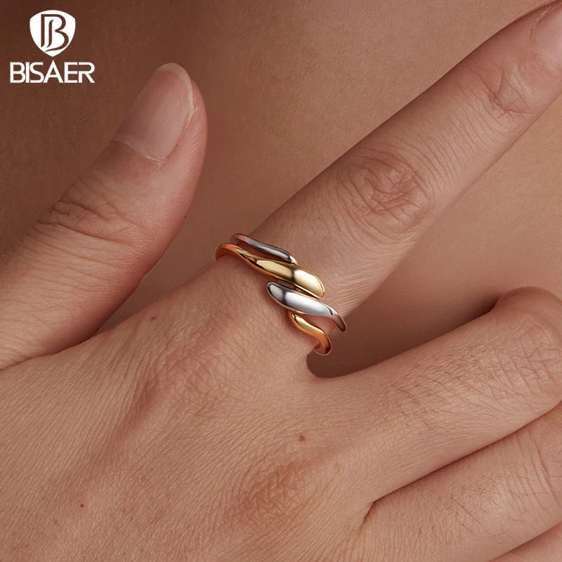 BISAER 925 Sterling Silver Simple Geometry Promise Eternity Ring Adjustable 2-in-1 Couple Band  for Lover Party Fine Jewelry