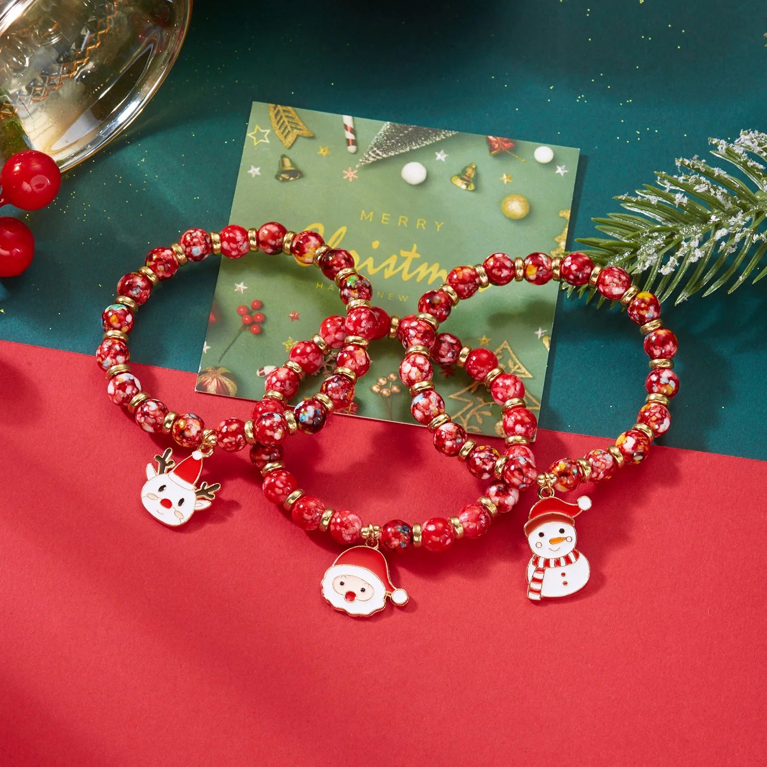3Pcs/Set Colorful Beads Christmas Bracelet For Women Xmas Tree Snowman Santa Claus Snowflake Beaded Bracelet New Year Jewelry
