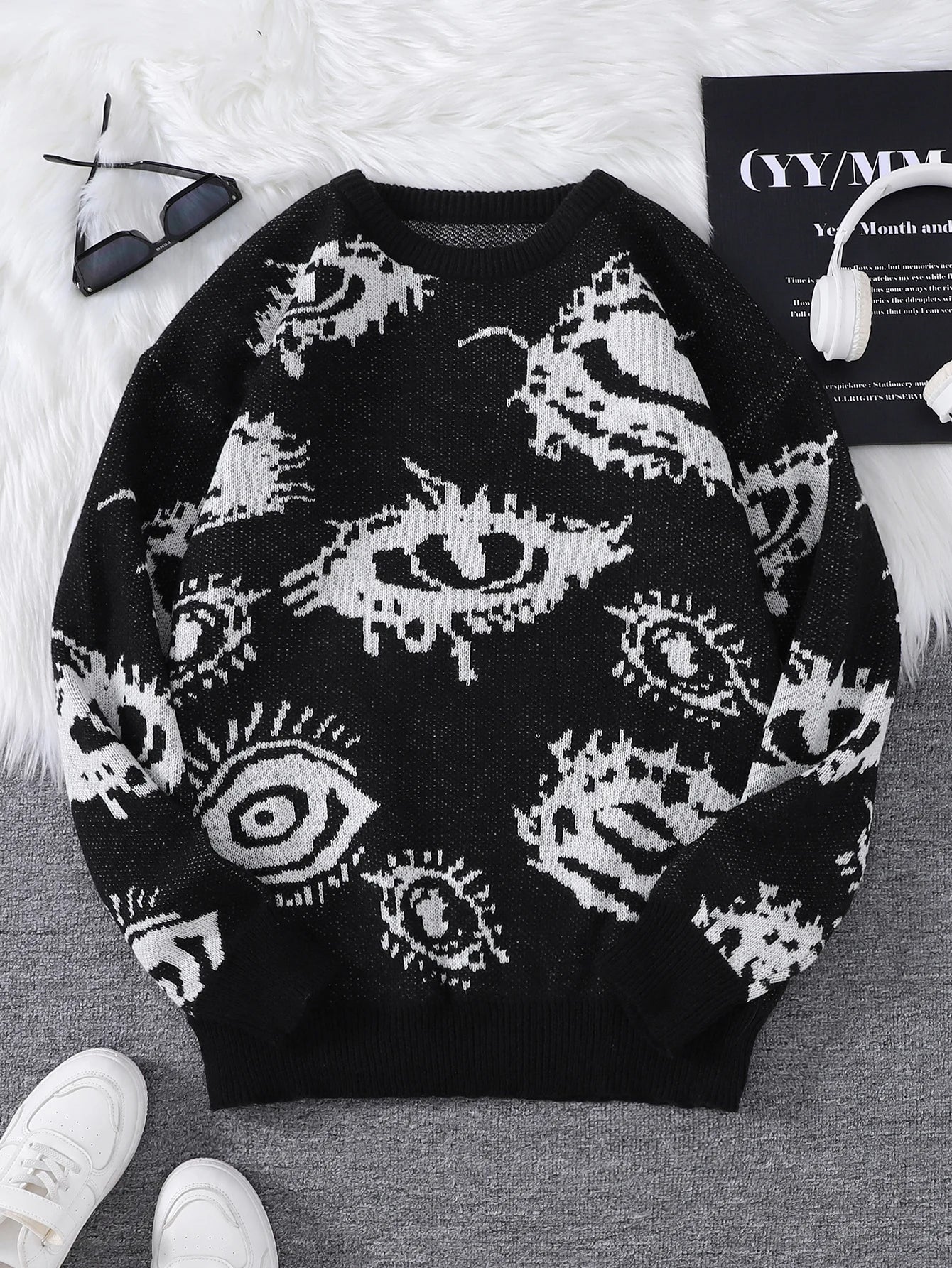 New Popular Autumn and Winter Abstract Eye Jacquard Pattern Pullover Sweater Casual Round Neck Knitted Men's Pullover