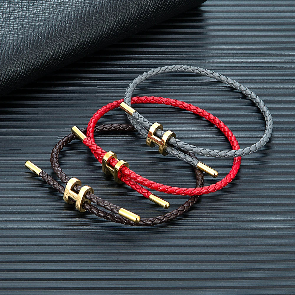 MKENDN Adjustable 3mm Red Braided Leather Bracelet for Men & Women Stainless Steel Jewelry Classic Simple Unisex Couple Gift
