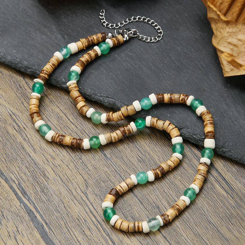 Boho Men's Coconut Shell Necklace European American Style Adjustable Beach Stacking Bead Splicing Chain Gift For Man