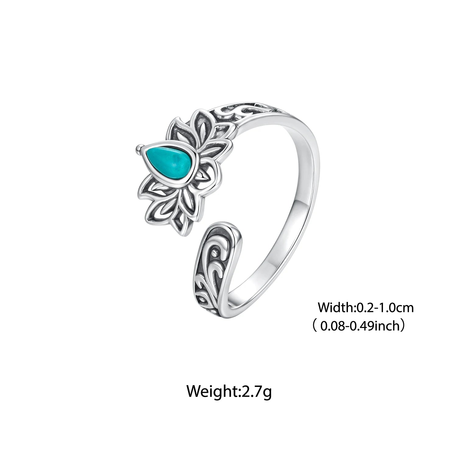 Bamoer 925 Sterling Silber Lotus Türkis Offener Ring Verstellbarer Retro-Muster Breiter Ring für Mutter Geburtstagsgeschenk Weihnachtsschmuck