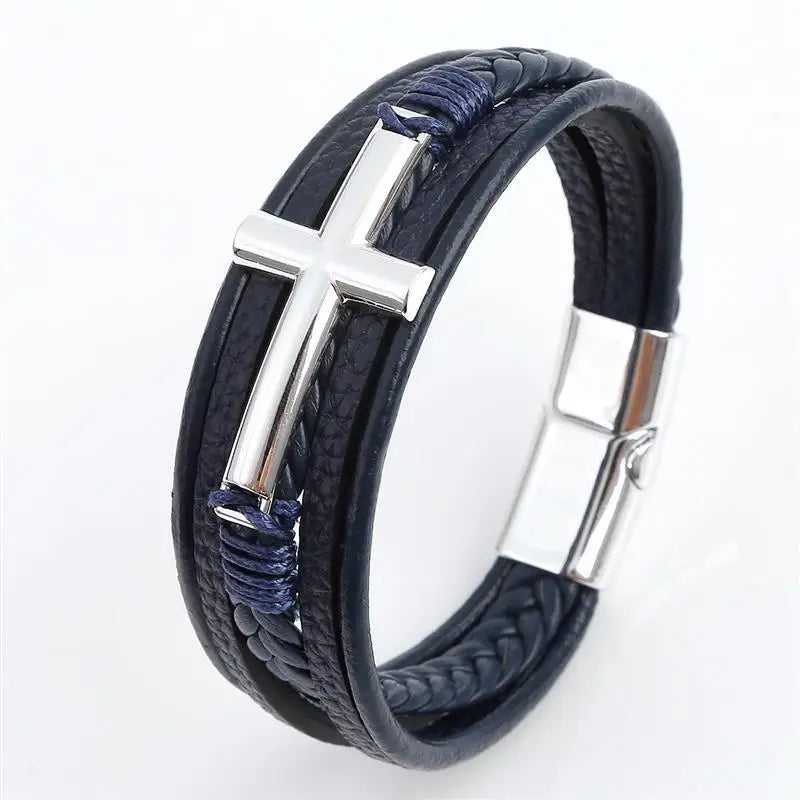 Classic Men's Leather Bracelet Cross Charm Choose Multilayer Hand Woven Bracelets Male Bangles Gifts Jewelry 19/21/23cm