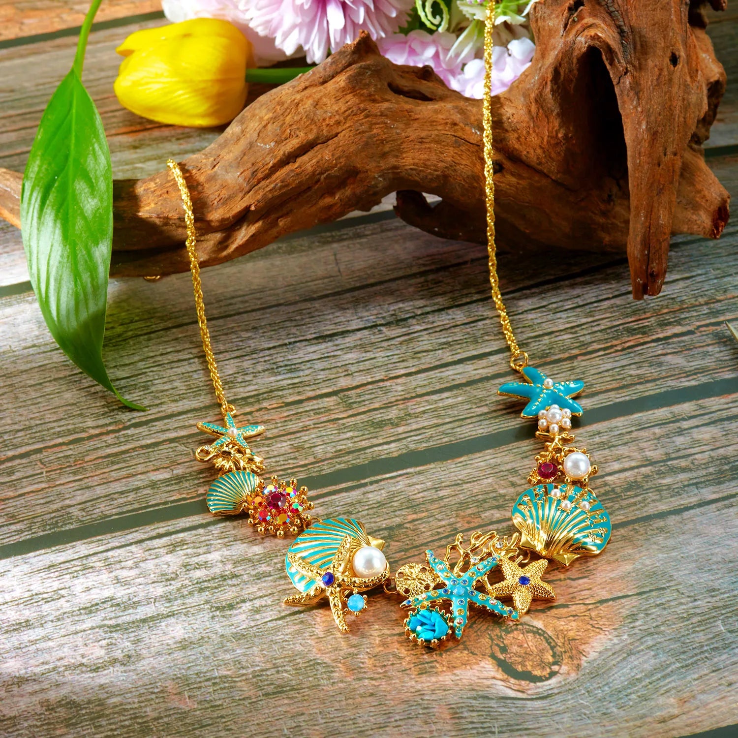 Boho Starfish Shell Coral Pearl Pendant Necklace For Women Shiny Crystal Zircon Dripping Oil Beach Clavicle Choker Charm Jewelry