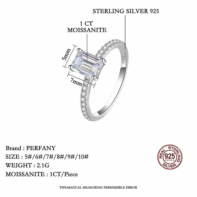 PERFANY 1/2CT Emerald/Radiant Cut Moissanite Ring for Women S925 Pure Silver GRA Laboratory Diamond Bridal Wedding Jewelry