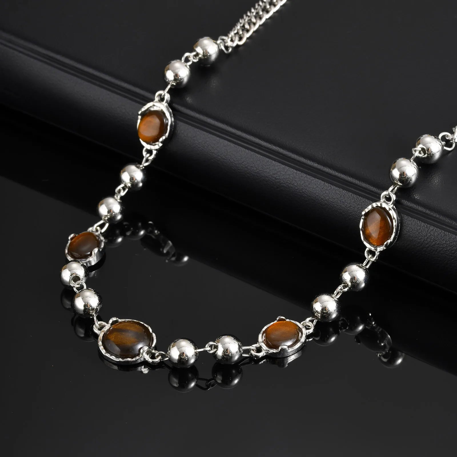 Vnox Aesthetic Tiger Eye Stone Beaded Chain Necklaces, Personality Men Women Chokers,Fashion Clavicle Chain