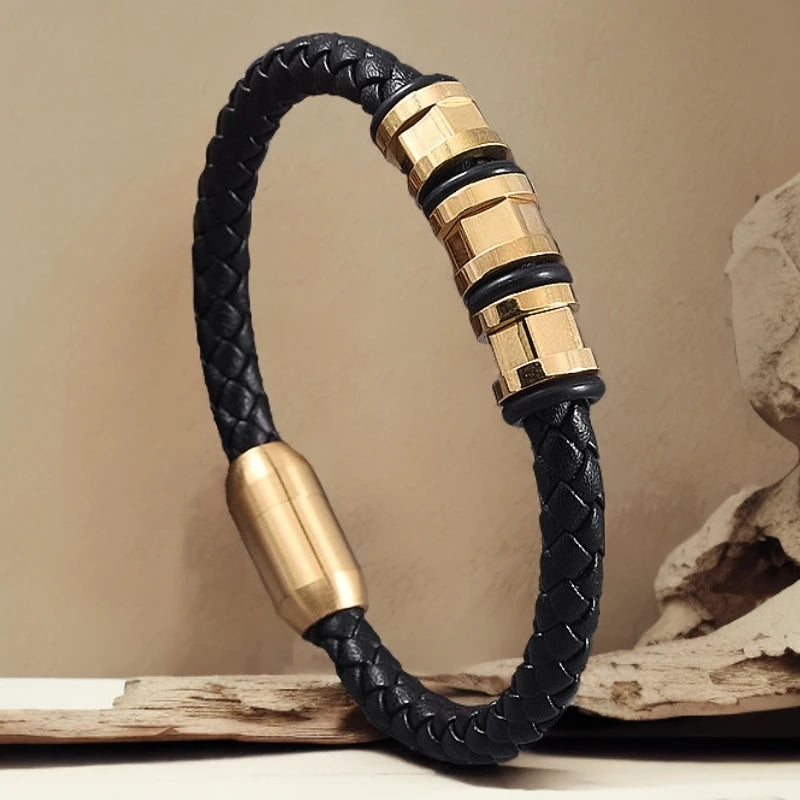 MKENDN Punk Men Stainless Steel Hexagon Beads Bracelet for Men Genuine Leather Bracelets Male Wristband Jewelry Gifts