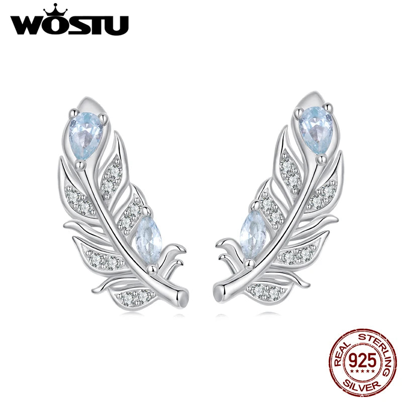 WOSTU 925 Sterling Silver Ice Blue Feather Stud Earrings For Women Winter Xmas Gift, Dainty Bohemian s925 Studs Wedding Jewelr