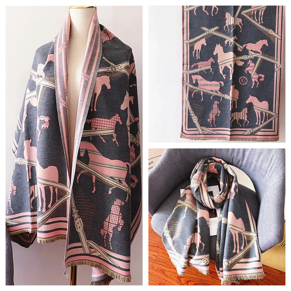Women's Autumn Winter Horse Pattern Scarf New Luxury Cashmere Feeling Large Blanket Wrap Soft Warm Brand Shawl Retro & Classical - Madeinsea©