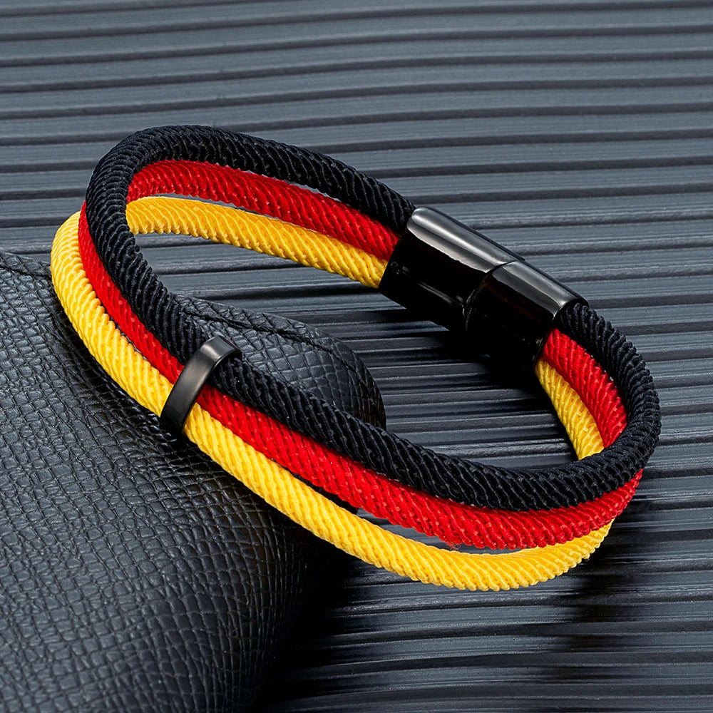 MKENDN Schwarzes Edelstahl-Armband mit Magnetverschluss, mehrlagiges Seil, handgefertigtes Design, Herren- und Damenschmuck mit Flaggen aus Frankreich, Brasilien und Spanien
