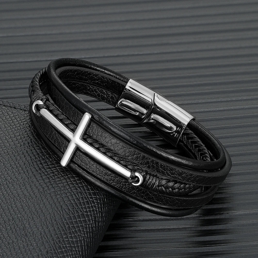 MKENDN Punk Style Multicolor Cross Bracelet Stainless Steel Men's Multilayer Leather Hand-woven Jewelry New Year Gifts