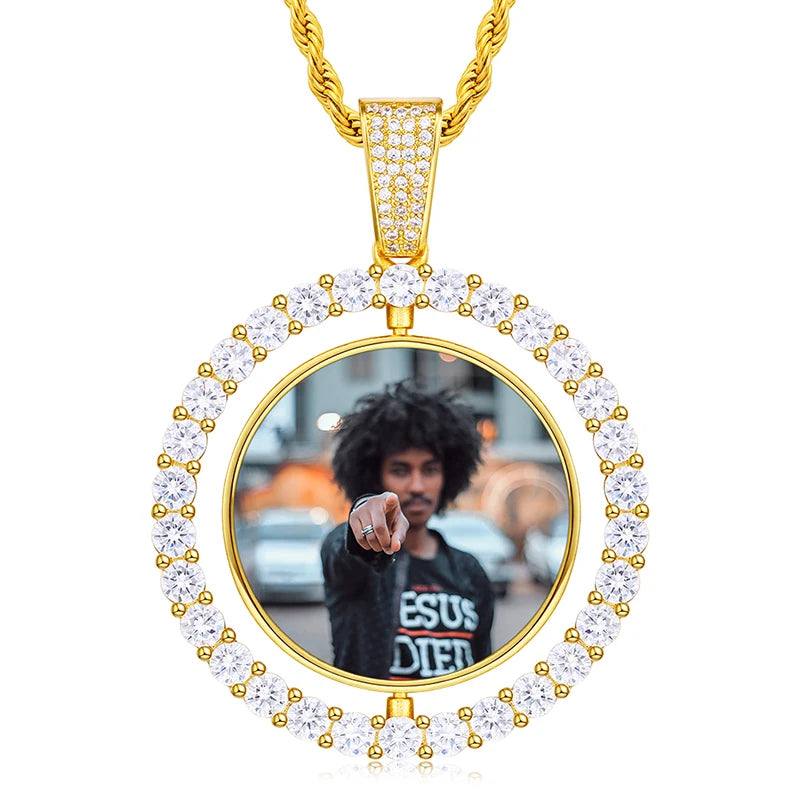 Collier pendentif cœur double face personnalisé pour homme, style hip-hop, pendentif en zircone serti de diamants, médaillon souvenir photo personnalisé