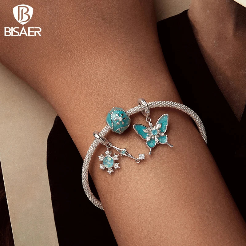 BISAER 925 Argent Sterling Cristal Flocon De Neige Charm Perle Papillon Flocon De Neige Stopper Pendentif pour Femmes Bracelets DIY Bijoux Fins