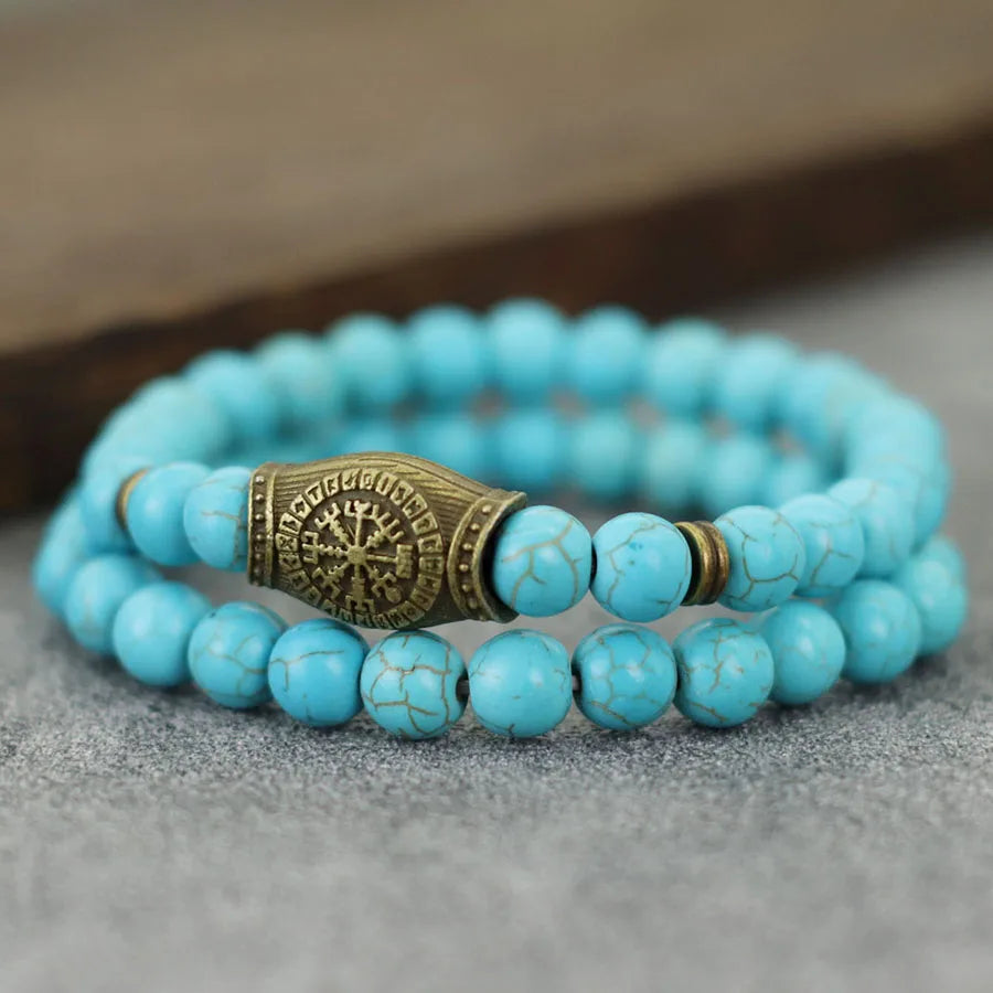 2Pcs Retro Viking Bracelet Set Men 8mm Volcano Howlite Hematite Stone Healing Braslet Meditation Yoga Prayer Strand Braclet Gift