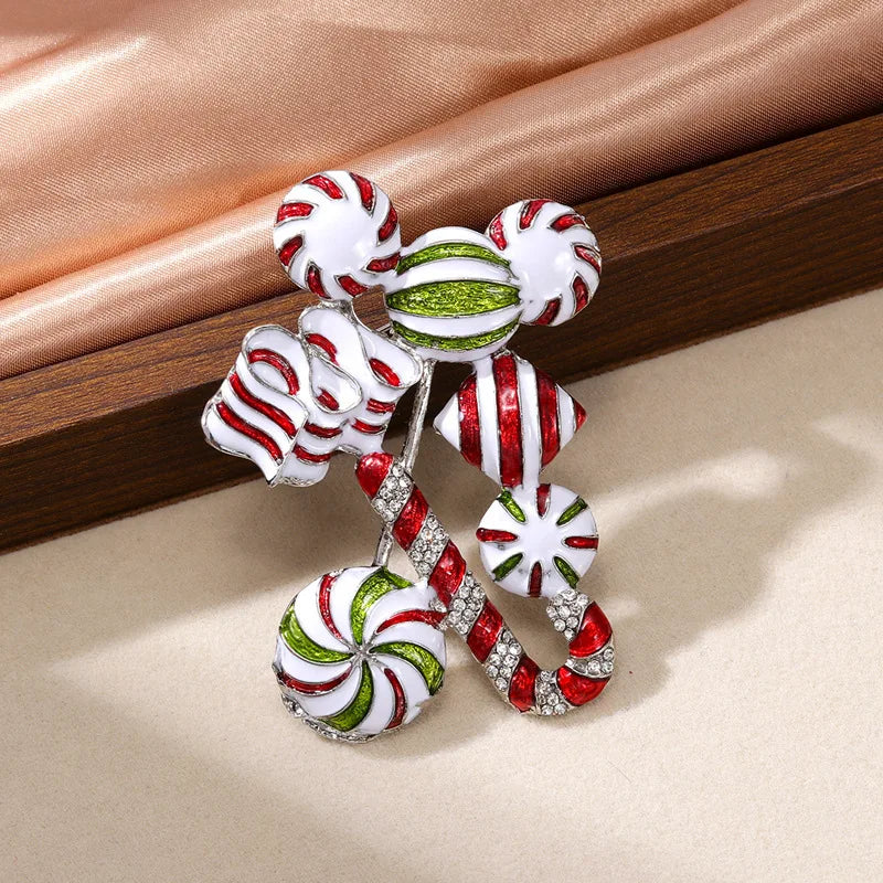 Christmas Colorful Enamel Brooches for Women Unisex Rhinestone Xmas Tree Gift Box Candy Rod Crutch Brooch Pins Party Jewelry