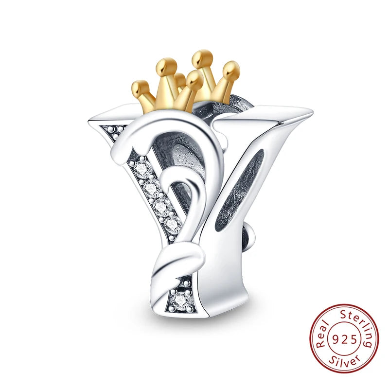 925 Sterling Silver 26 Alphabet A-Z Crown Letters Charms Bead Fit Original Bracelet Fine DIY Charm For Woman Anniversary Jewelry
