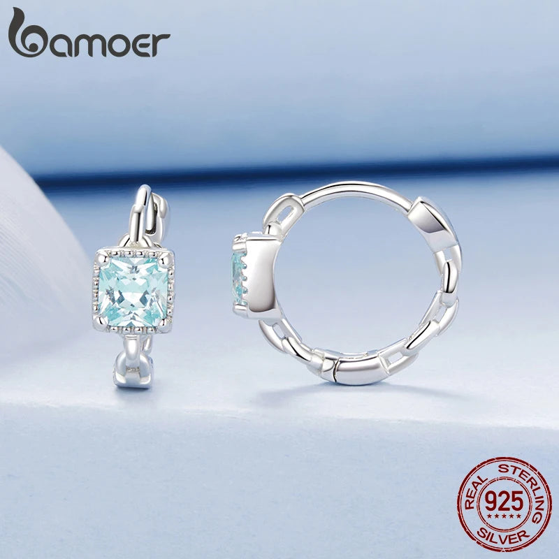 BAMOER 925 Sterling Silber Eingelegte Blaue CZ Geometrische Quadratische Ohrstecker Leichter Luxus Reifer Glamour Frauen Schmuck Zubehör
