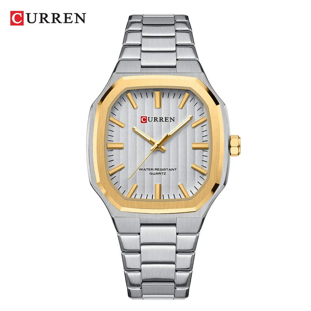 CURREN Luxury Business Square Quartz Watches  Classic Stripe Design Dial with Stainless Steel Band Wristwatch for Men