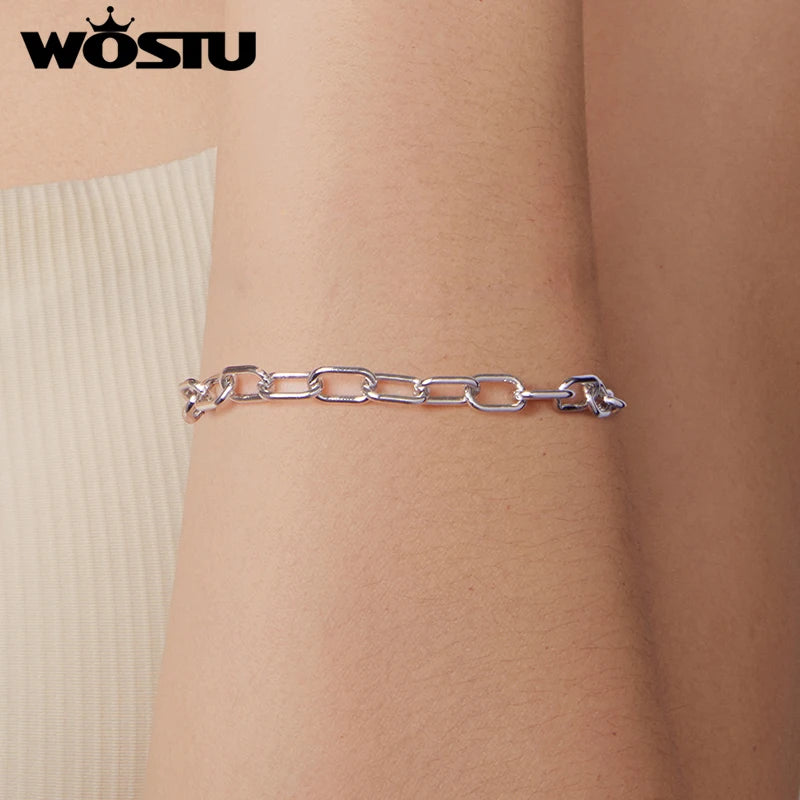 WOSTU Solid 925 Sterling Silver 5MM Thick Paperclip Bracelet For Women , s925 Clip Charm Bracelets Jewelry Making Birthday Gift