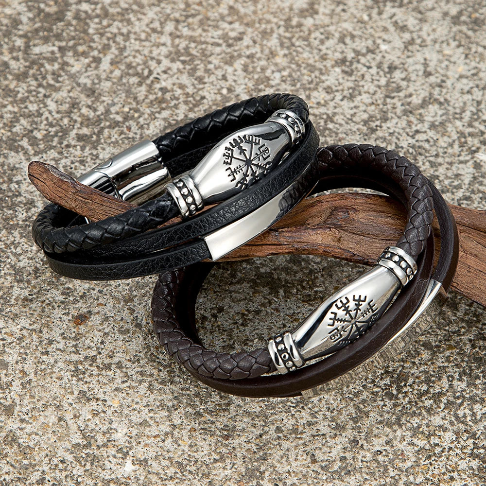 MKENDN Norse Viking Style Stainless Steel Compass Norse Runes Amulet Beads Braided Multilayer Leather Bracelet Homme Pulseras