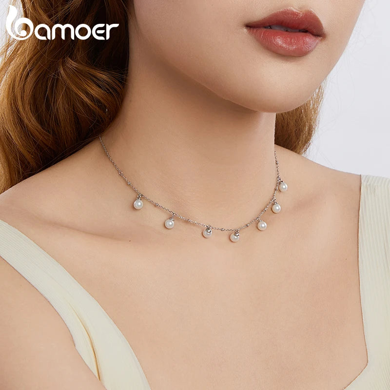 BAMOER 925 Sterling Silber Perlen Choker Halskette 16,9″, zierliche vergoldete Choker Halsketten für Mädchen Braut Brautjungfer Hochzeit