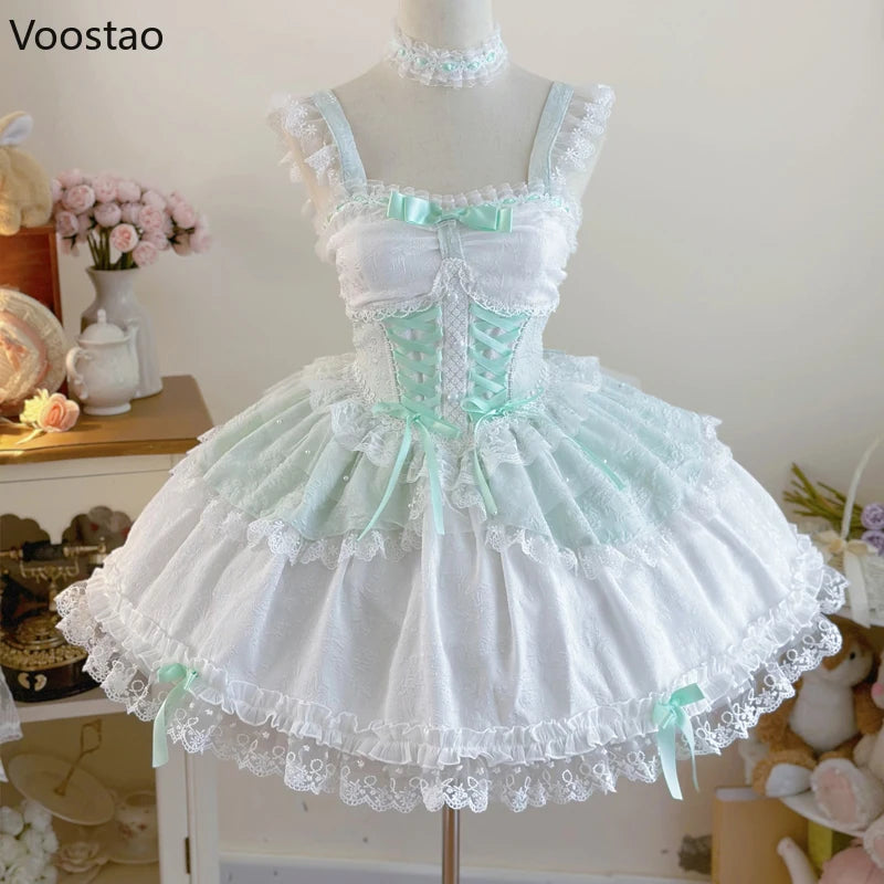 Japanese Sweet Lolita Jsk Dress Women Elegant Ruffles Lace Bandage Princess Strap Dresses Girls Y2k Kawaii Tea Party Mini Dress