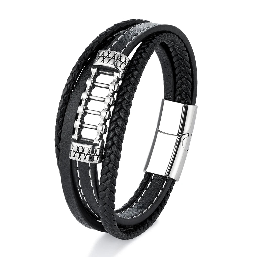 MKENDN Locomotive Men Biker Chain Braided Multi-layer Genuine Leather Bracelet Stainless Steel Magnetic Buckle Bracelet Homme