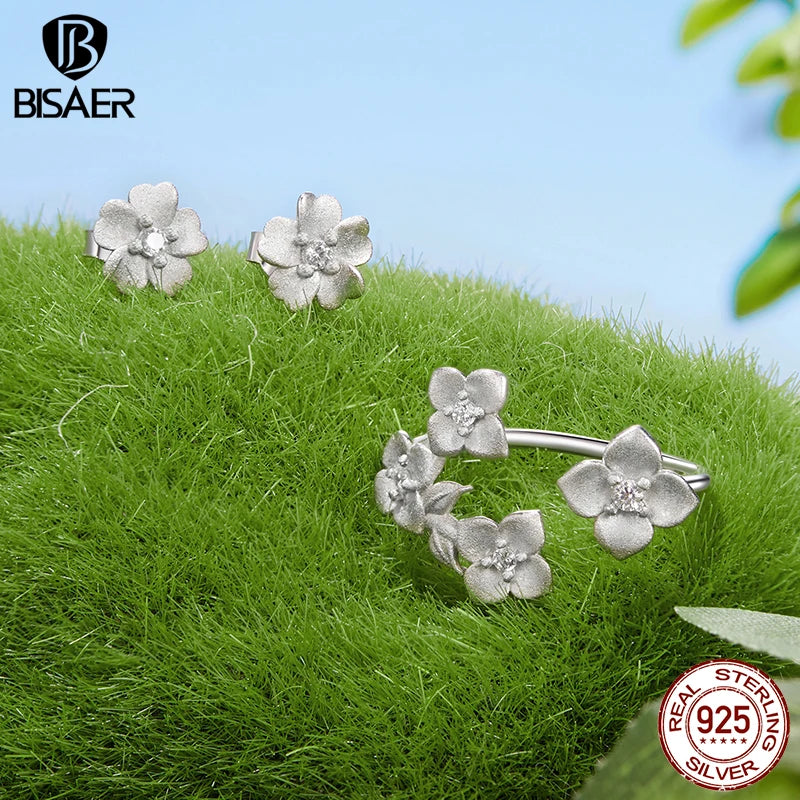 BISAER 925 Sterling Silver Frosted Texture Flower Jewelry Set Zircon Stud Earrings Open Ring for OL Women Party Fine Jewelry